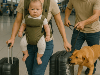Người mẹ địu theo con nhỏ ra sân bay, vừa đặt vali xuống chú chó của người bên cạnh liên tục sủa dữ dội cắn vỡ cả hành lý