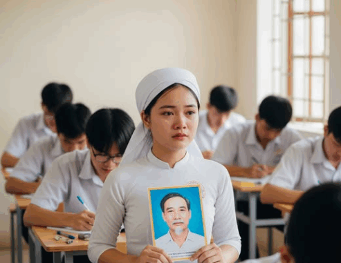 Biến cố ập đến bất ngờ khiến nữ sinh phải đội khăn trắng đi thi Biến cố ập đến bất ngờ khiến nữ sinh phải đội khăn trắng đi thi