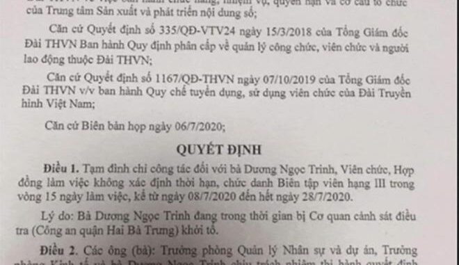 Tạm đình chỉ công tác với BTV Ngọc Trinh, công an đang thụ lý, điều tra Tạm đình chỉ công tác với BTV Ngọc Trinh, công an đang thụ lý, điều tra
