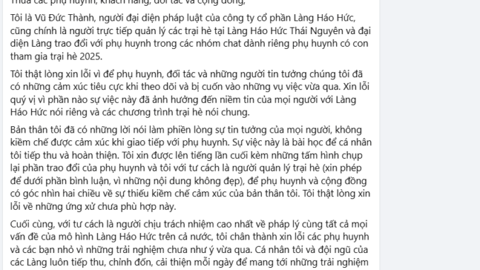 Đại diện Làng Háo Hức chính thức lên tiếng sau loạt ồn ào từ phụ huynh