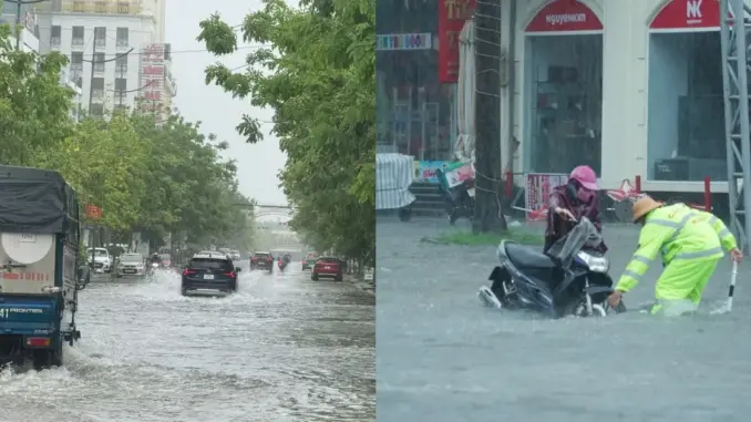 Cảnh sát dầm mưa giúp người dân đẩy xe qua đoạn đường ngập nước Cảnh sát dầm mưa giúp người dân đẩy xe qua đoạn đường ngập nước