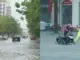 Cảnh sát dầm mưa giúp người dân đẩy xe qua đoạn đường ngập nước