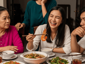 Đĩa tôm chỉ còn lại đầu và vỏ, còn phần thịt trắng nõn đã được bóc sạch, nằm gọn trong bát của Linh