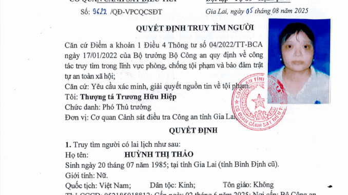 Công an tỉnh truy tìm bà Huỳnh Thị Thảo liên quan đến tố giác chiếm đoạt tài sản